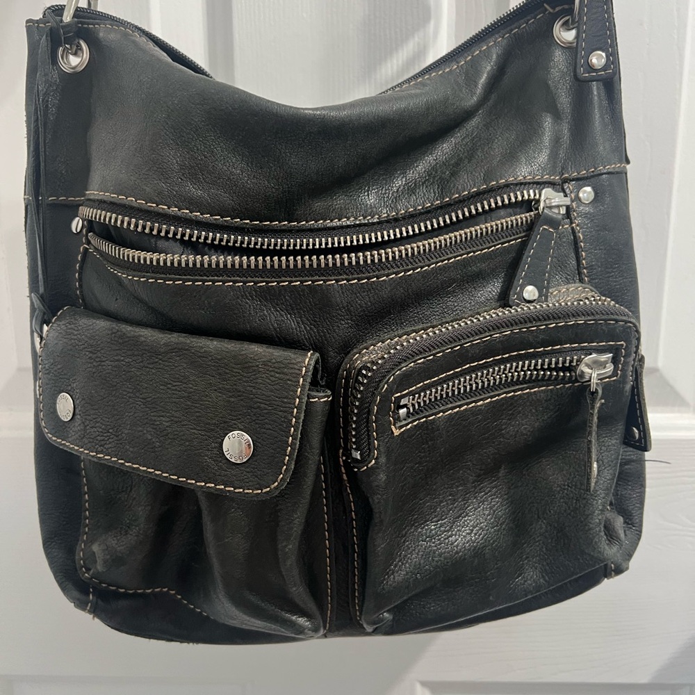 Black Fossil Leather Shoulder Bag